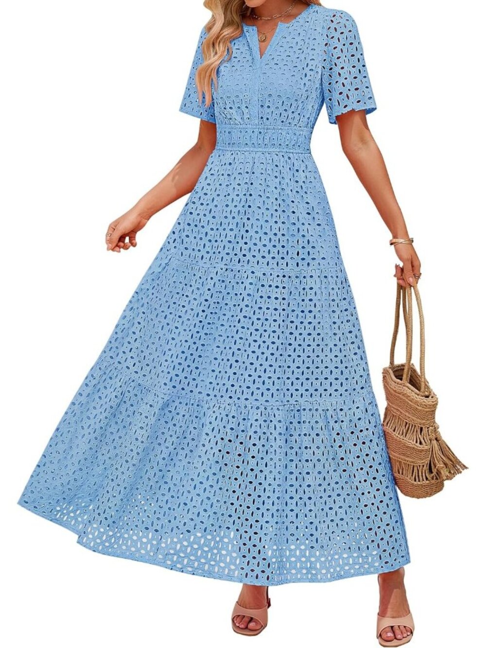 Women's Sky Eyelet Maxi V-Neck A-Line Beach Vacation Long Dress